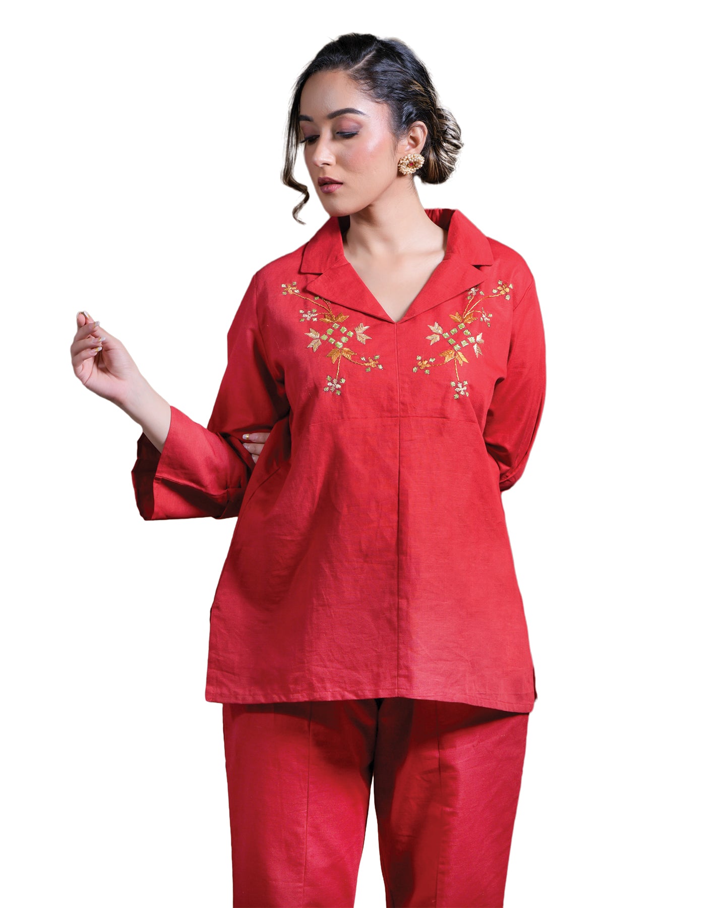 Pure Linen Cotton Hand Embroidered Phulkari top bottom coord set tunic kurti combination set- Scarlett Red Colours + Artisanal + Punjab + Tradition + Women + MakeInIndia + Handicraft + trend + festival wear + comfort wear + smart wear + trendy wear + indian ethnic + cultural wear + rakhi + diwali + ganesh cahturthi + friends wear + date wear + casual wear + indian wear + western wear + trendy attire + fashion + stylish + dinner + luxury + premium + royal + signature + clasic + floral + designer + Casual