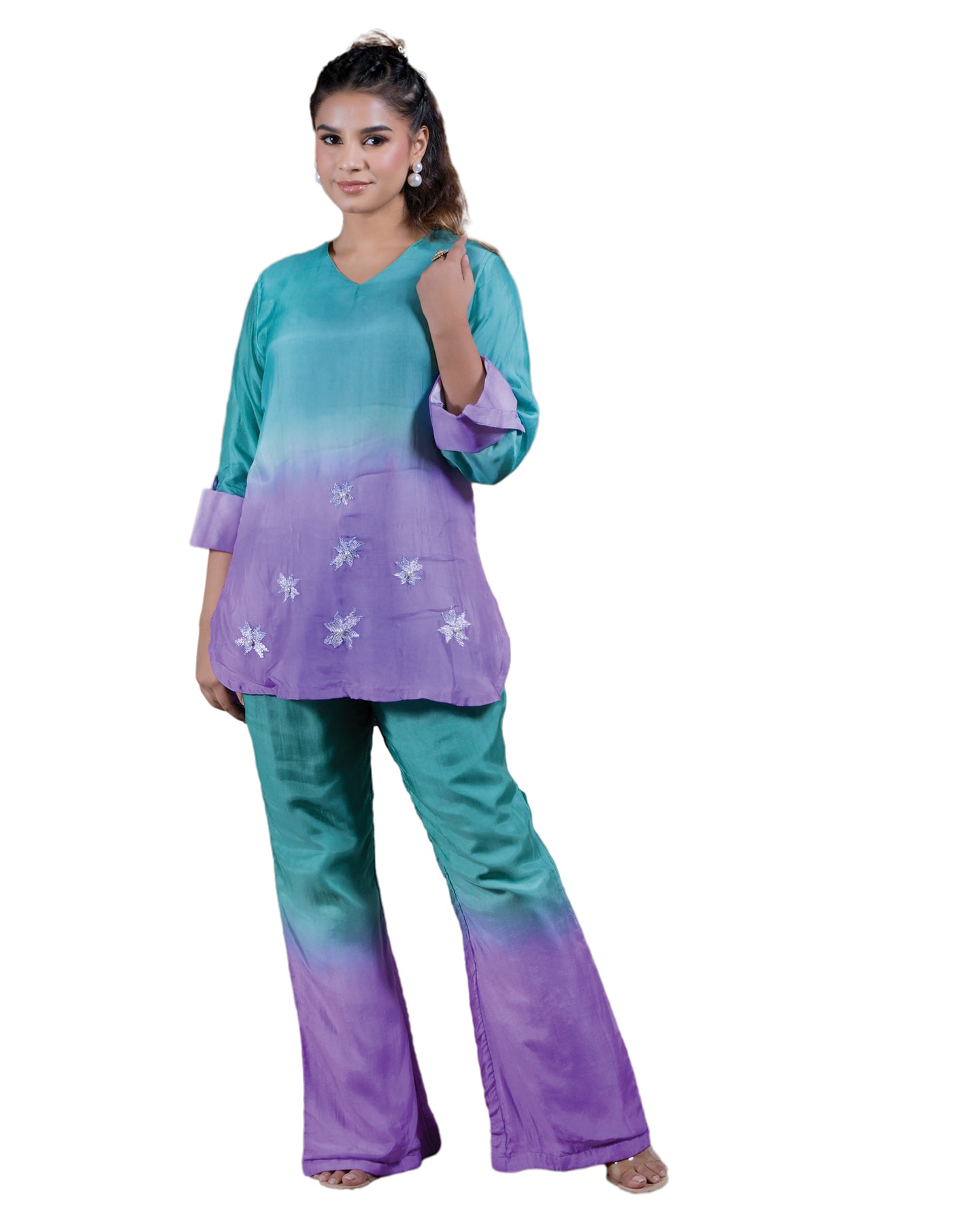 Pure Habutai Silk Hand Embroidered Phulkari Coord Set - Purple green turquoise ombre Colours + Artisanal + Punjab + Tradition + Women + MakeInIndia + Handicraft + trend + festival wear + comfort wear + smart wear + trendy wear + indian ethnic + cultural wear + rakhi + diwali + ganesh cahturthi + friends wear + date wear + casual wear + indian wear + western wear + trendy attire + fashion + stylish + dinner + luxury + premium + royal + floral + signature + unique