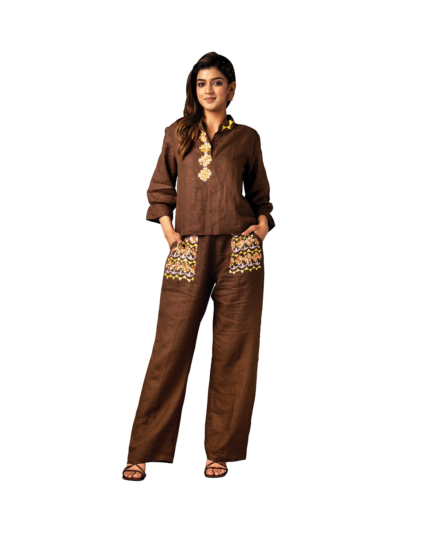Pure Linen Hand Embroidered Phulkari Coord Set Top Bottom Pant - Coffee Brown + Artisanal + Punjab + Tradition + Women + MakeInIndia + Handicraft + Panjab + Rang + Colours + Girl Clothing + Fulkari + Threads + Colours + Colors + Embroidery + Handwork + Artisan + style + modern + trendy + fusion + exclusive + branded + Designer + best  breathy + all weather + party + coffee + date + office + kitty + get together + vibrant + minimal + niche + luxury