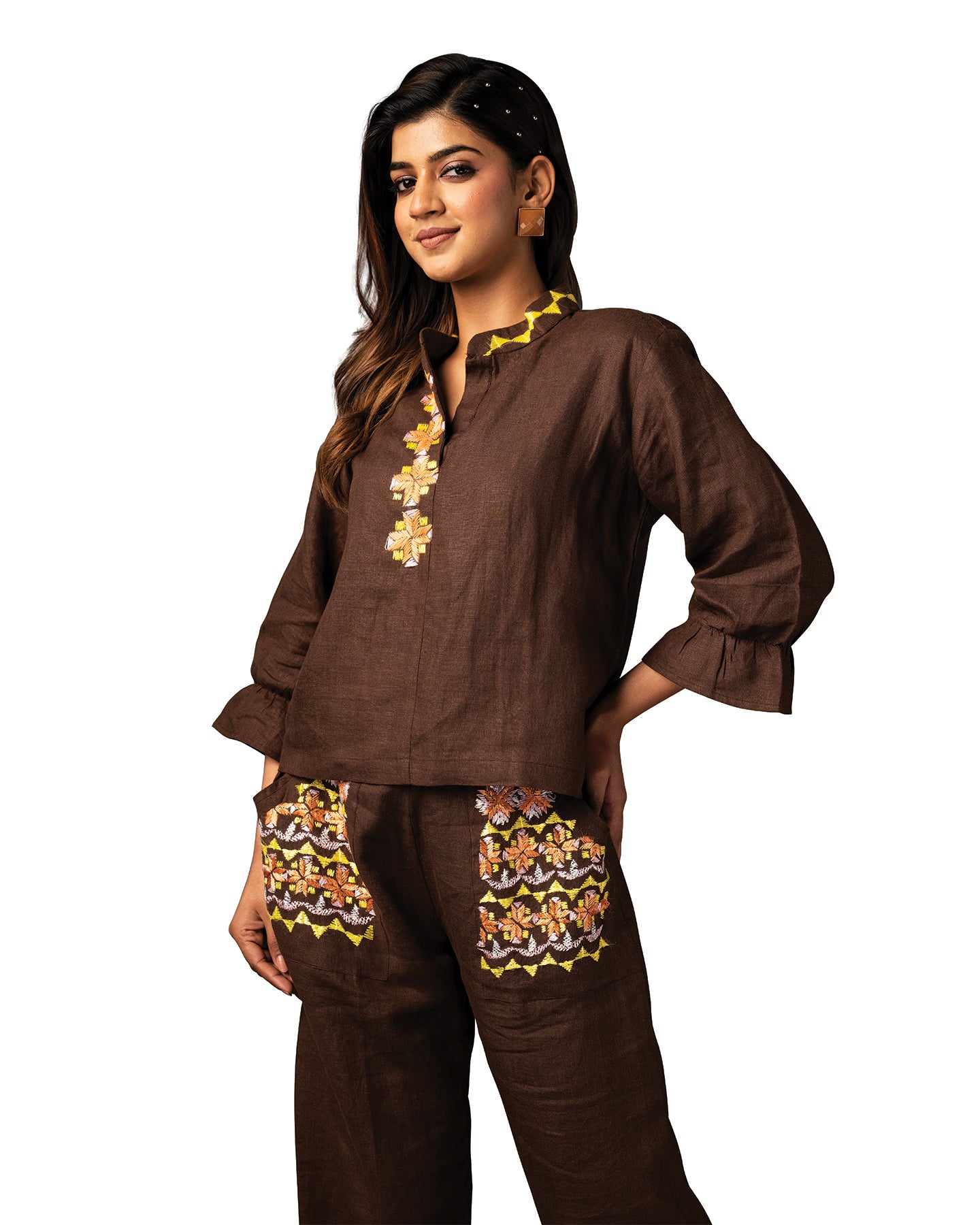 Pure Linen Hand Embroidered Phulkari Coord Set Top Bottom Pant - Coffee Brown + Artisanal + Punjab + Tradition + Women + MakeInIndia + Handicraft + Panjab + Rang + Colours + Girl Clothing + Fulkari + Threads + Colours + Colors + Embroidery + Handwork + Artisan + style + modern + trendy + fusion + exclusive + branded + Designer + best  breathy + all weather + party + coffee + date + office + kitty + get together + vibrant + minimal + niche + luxury