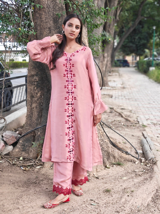 Pure soft tissue Hand Embroidered Phulkari Kurti - Blush Pink