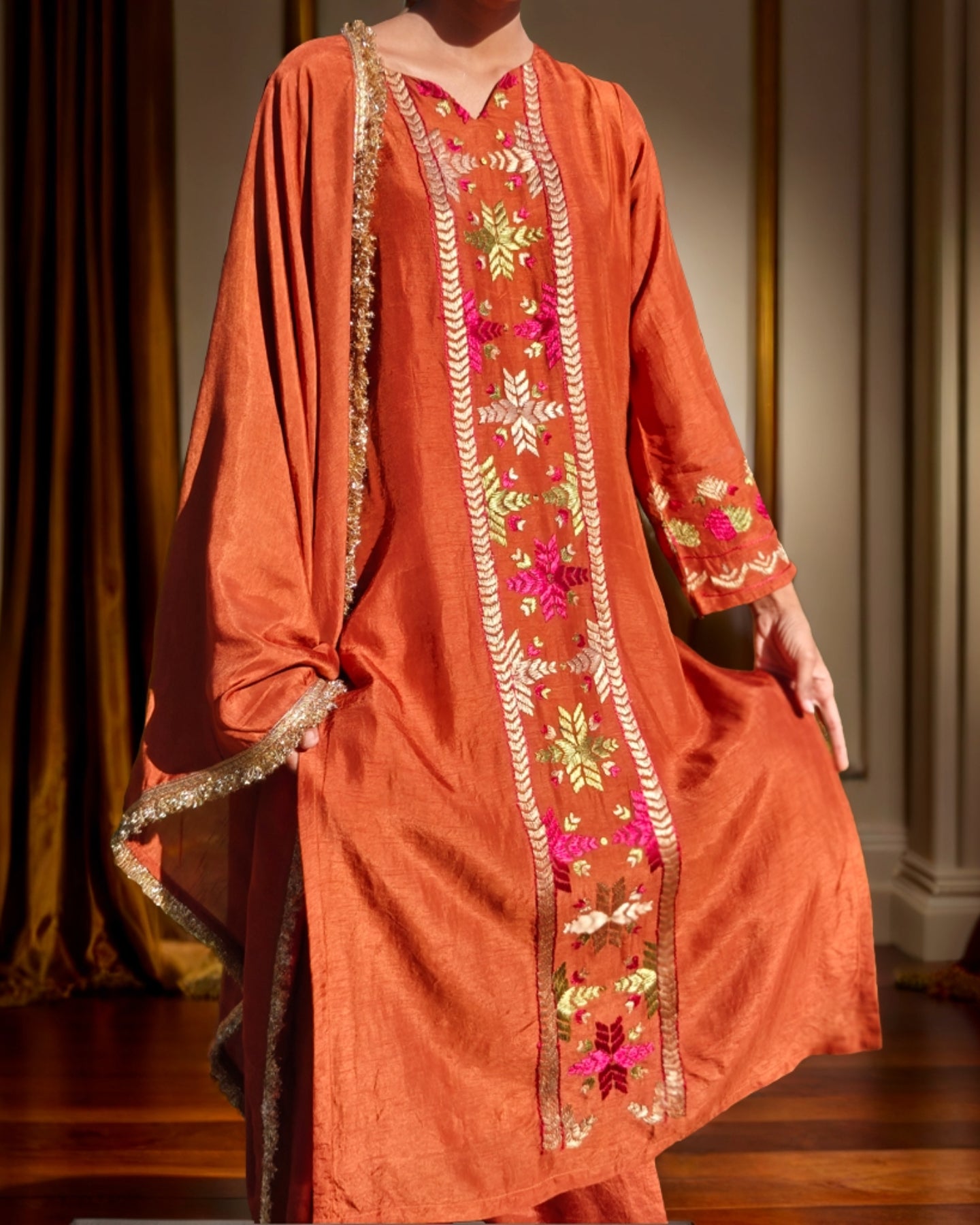 Pure Cotton Silk Hand Embroidered Phulkari Suit with Dupatta and Salwar - Rust Brown Copper Empress