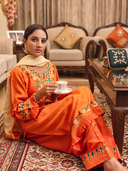 Pure Silk Hand Work Phulkari Salwar - Marigold Mirage