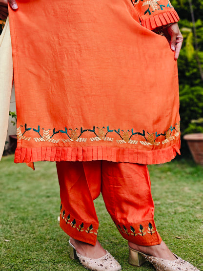 Pure Silk Hand Work Phulkari Salwar - Marigold Mirage