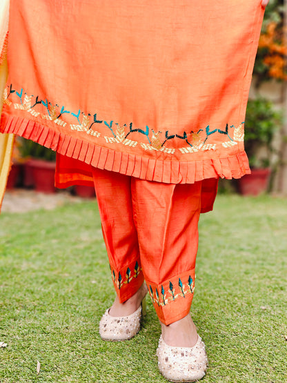 Pure Cotton Silk Hand Embroidered Phulkari Suit with dupatta - Marigold Mirage