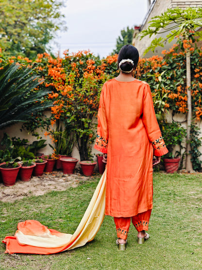 Pure Cotton Silk Hand Embroidered Phulkari Kurti - Marigold Mirage