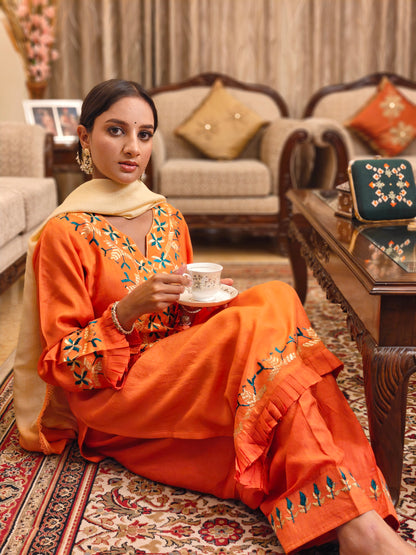 Pure Cotton Silk Hand Embroidered Phulkari Kurti - Marigold Mirage