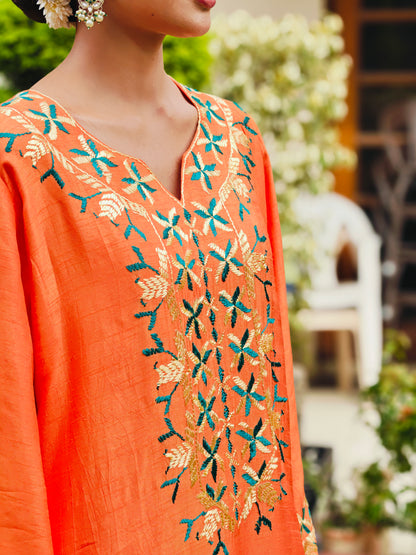 Pure Cotton Silk Hand Embroidered Phulkari Kurti - Marigold Mirage