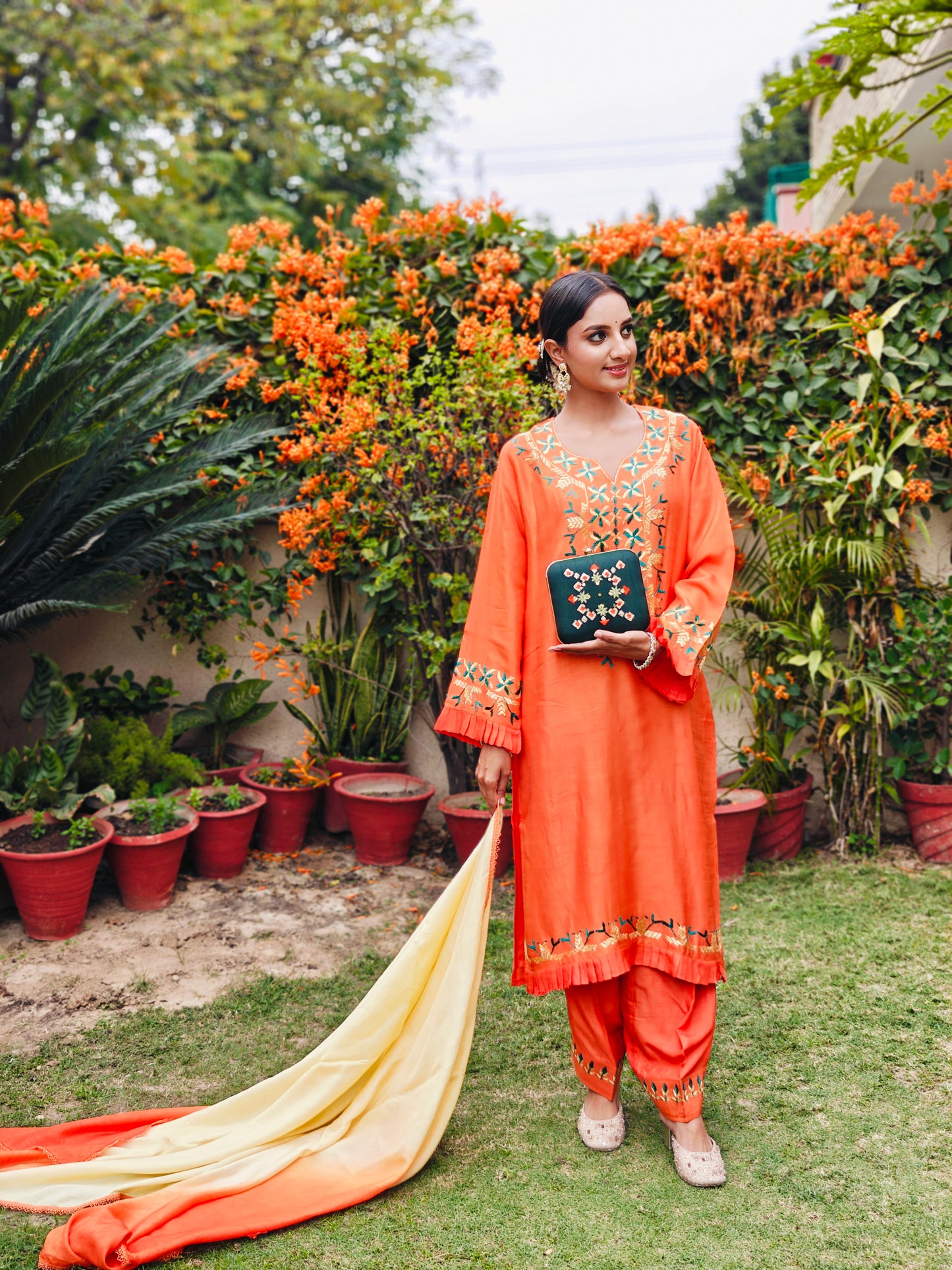 Pure Cotton Silk Hand Embroidered Phulkari Suit with dupatta - Marigold Mirage