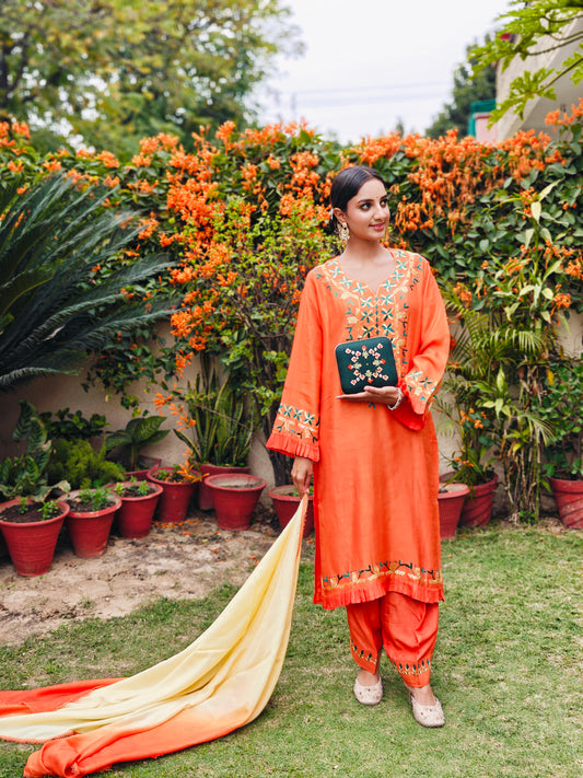 Pure Cotton Silk Hand Embroidered Phulkari Kurti Pant -  Marigold Mirage