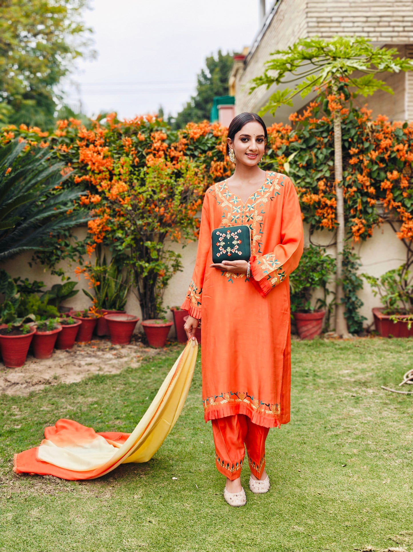 Pure Cotton Silk Hand Embroidered Phulkari Suit with dupatta - Marigold Mirage