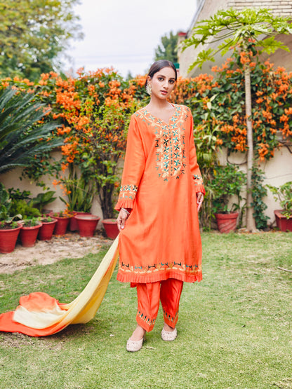 Pure Cotton Silk Hand Embroidered Phulkari Kurti - Marigold Mirage
