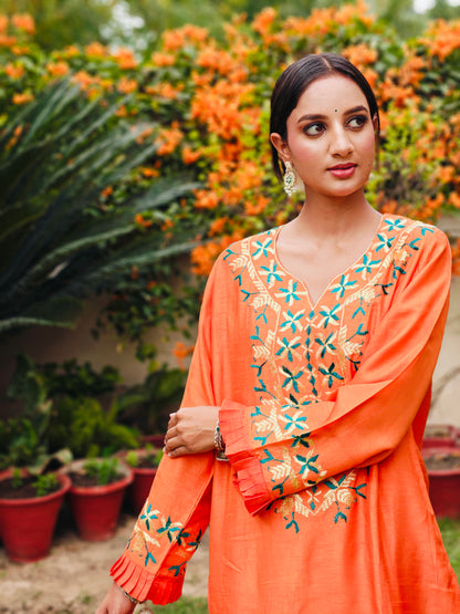 Pure Cotton Silk Hand Embroidered Phulkari Kurti - Marigold Mirage