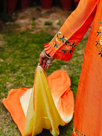 Pure Cotton Silk Hand Embroidered Phulkari Suit with dupatta - Marigold Mirage