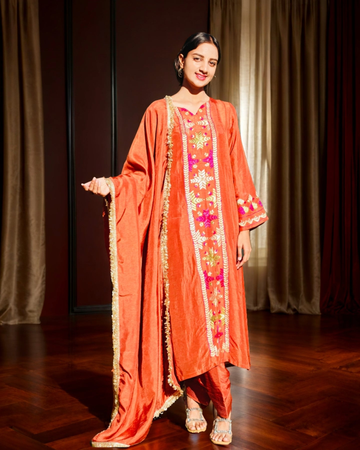 Pure Cotton Silk Hand Embroidered Phulkari Suit with Dupatta and Salwar - Rust Brown Copper Empress