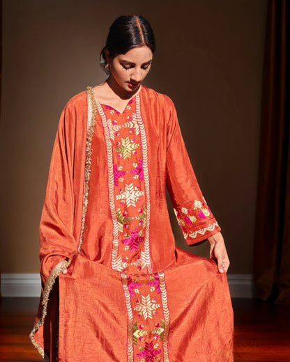 Pure Cotton Silk Hand Embroidered Phulkari Suit with Dupatta and Salwar - Rust Brown Copper Empress