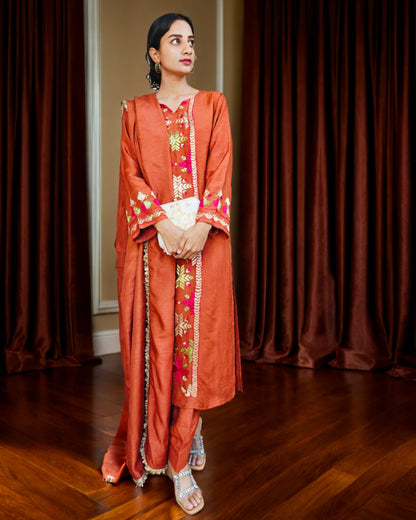 Pure Cotton Silk Hand Embroidered Phulkari Suit with Dupatta and Salwar - Rust Brown Copper Empress