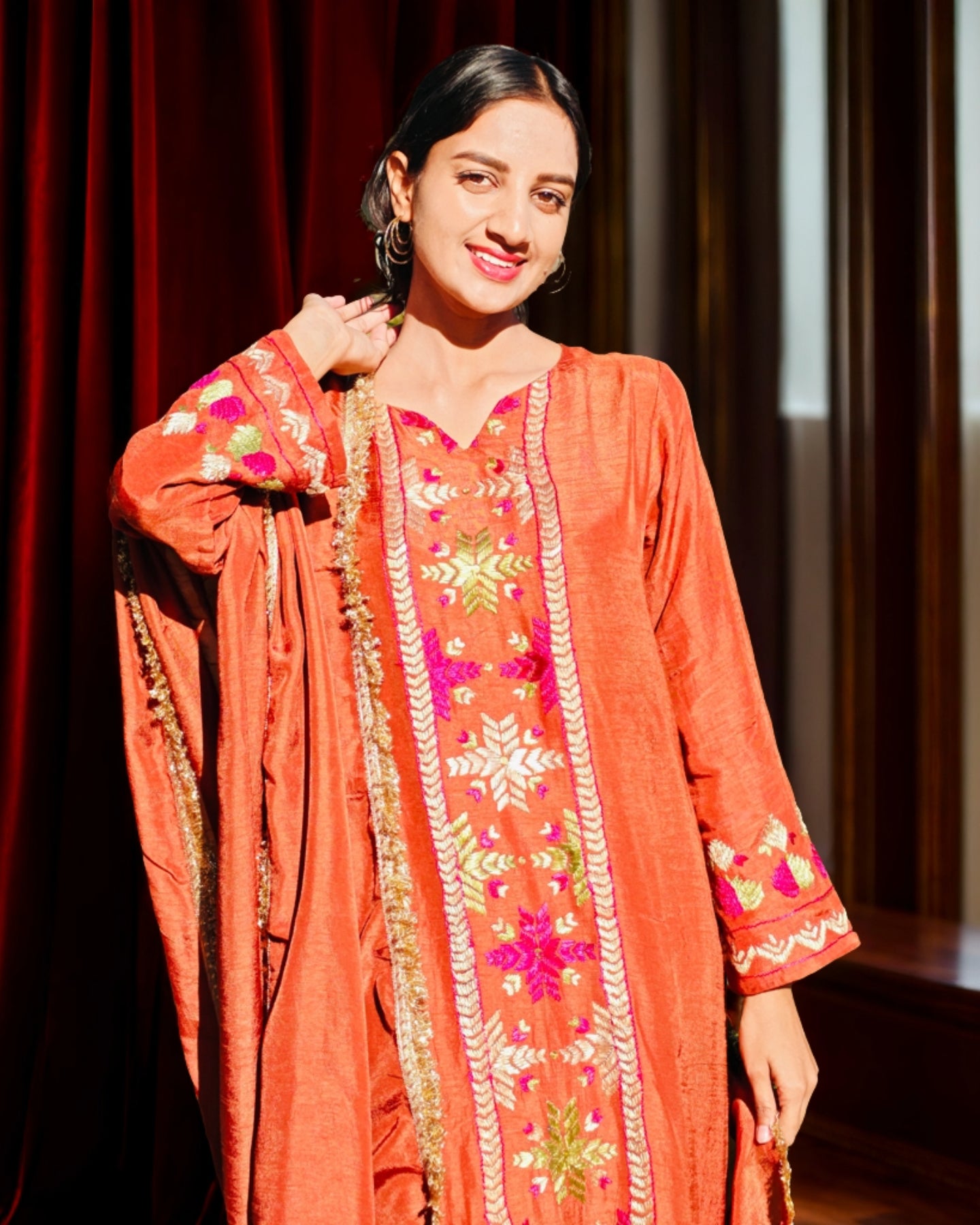 Pure Cotton Silk Hand Embroidered Phulkari Suit with Dupatta and Salwar - Rust Brown Copper Empress
