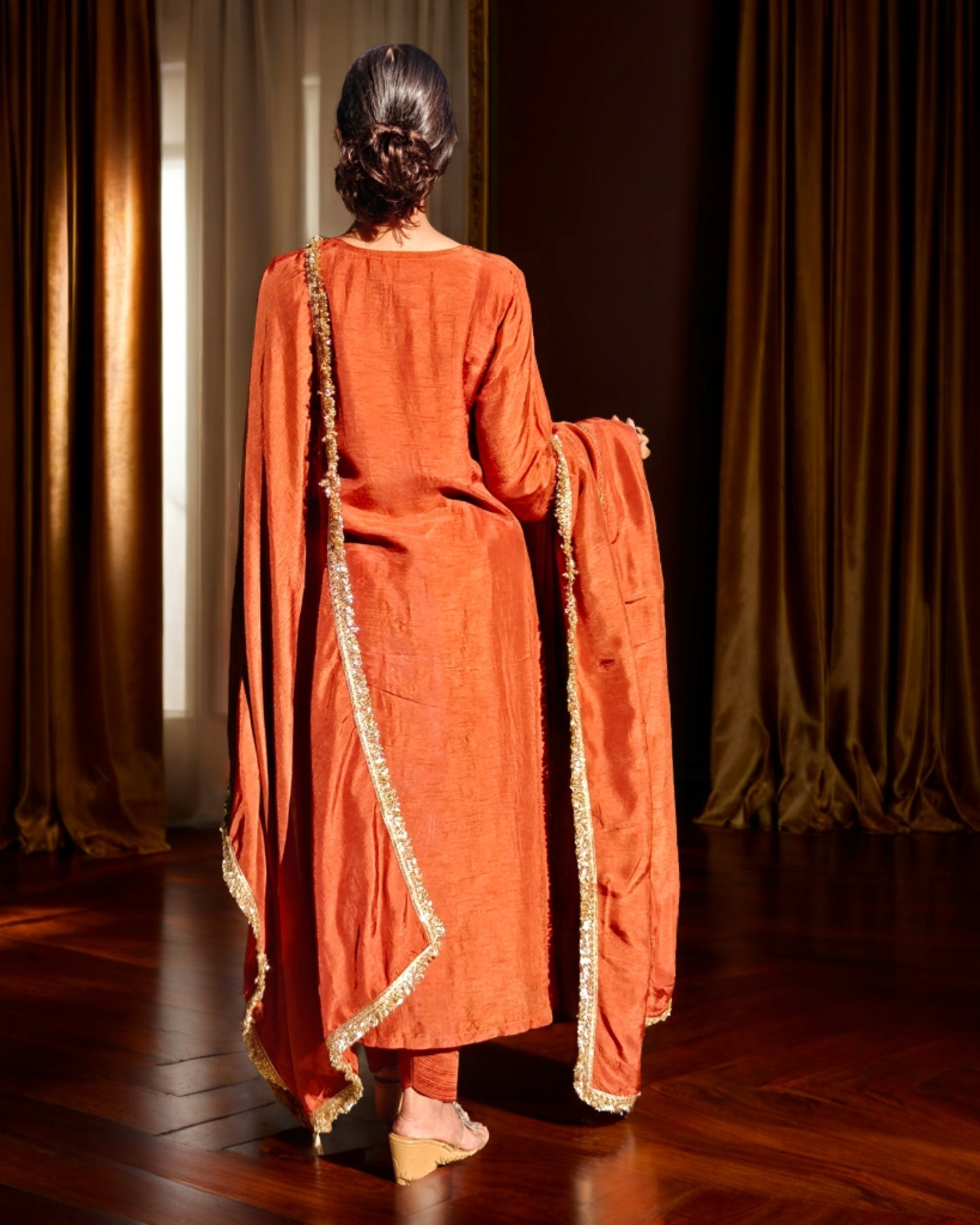 Pure Cotton Silk Hand Embroidered Phulkari Suit with Dupatta and Salwar - Rust Brown Copper Empress