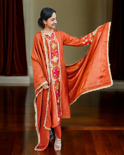 Pure Cotton Silk Hand Embroidered Phulkari Suit with Dupatta and Salwar - Rust Brown Copper Empress