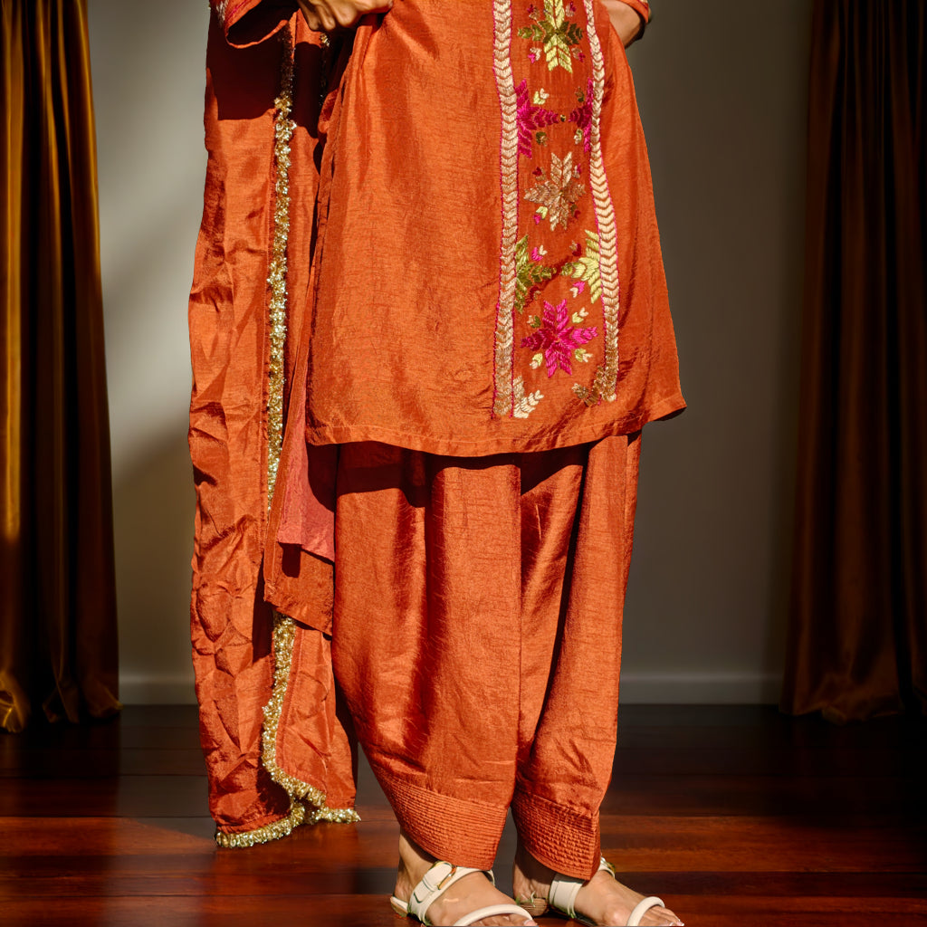 Pure Cotton Silk Hand Work Phulkari Kurta and Salwar - Rust Brown Copper Empress
