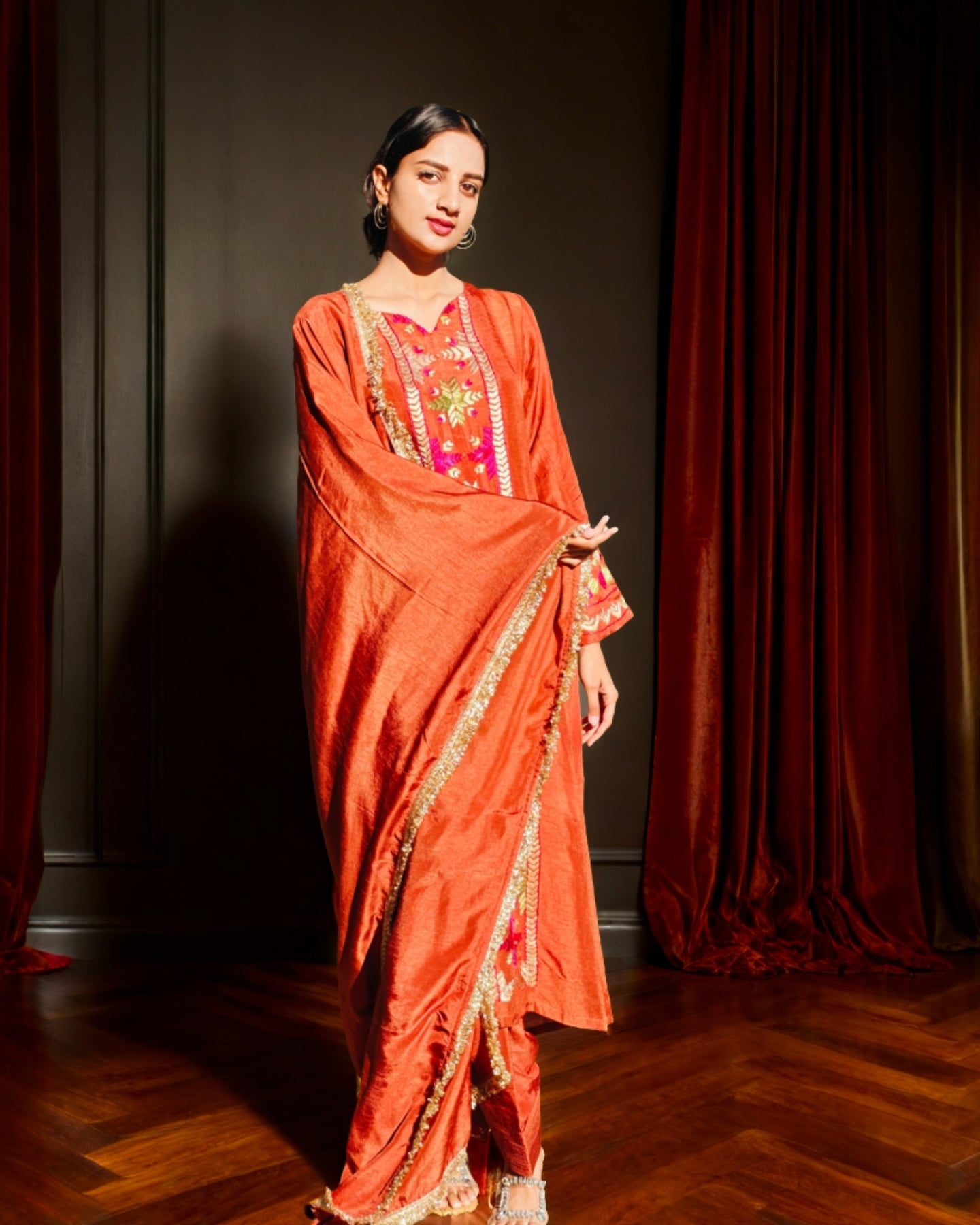 Pure Cotton Silk Hand Embroidered Phulkari Suit with Dupatta and Salwar - Rust Brown Copper Empress
