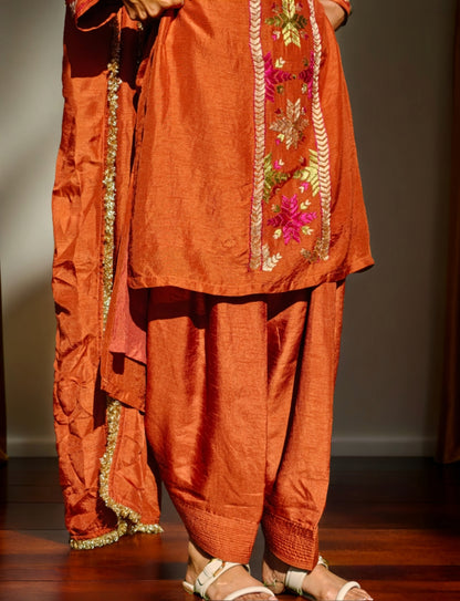 Pure Cotton Silk Hand Embroidered Phulkari Suit with Dupatta and Salwar - Rust Brown Copper Empress