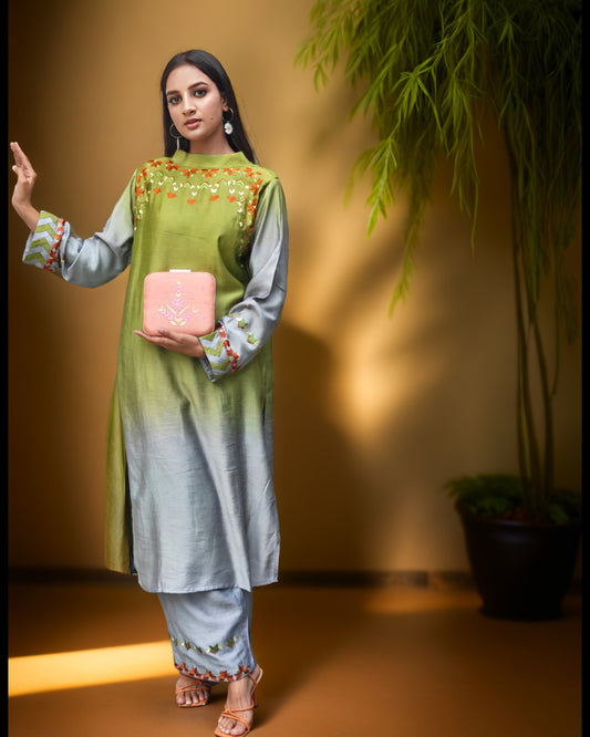 Pure Muslin Hand Work Phulkari Kurti Pant Set - Shaded affair