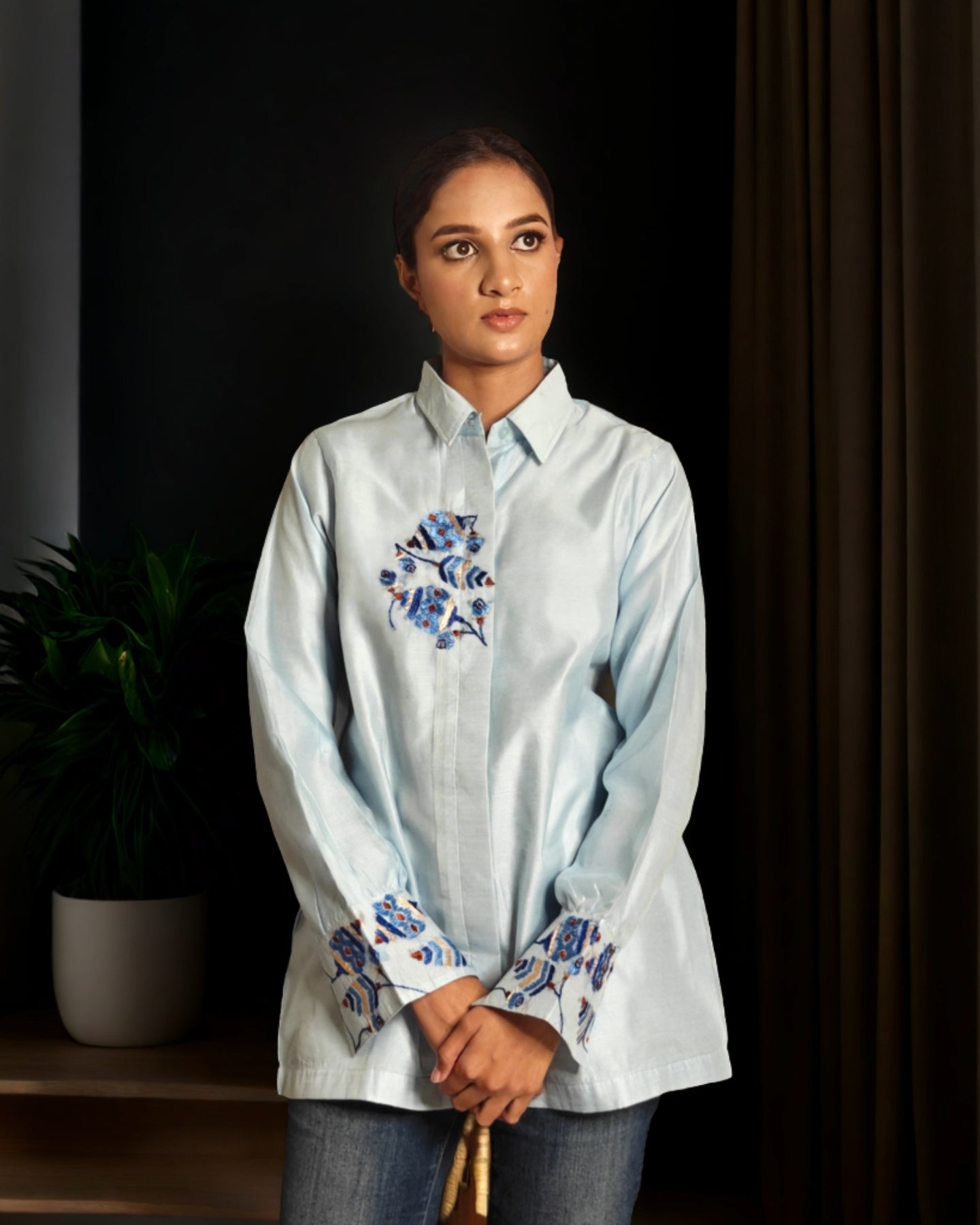 Pure Cotton Silk Hand Work Phulkari Shirt - Blue Muse