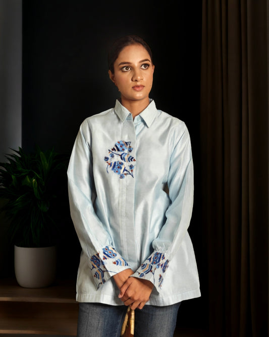 Pure Cotton Silk Hand Work Phulkari Shirt - Blue Muse