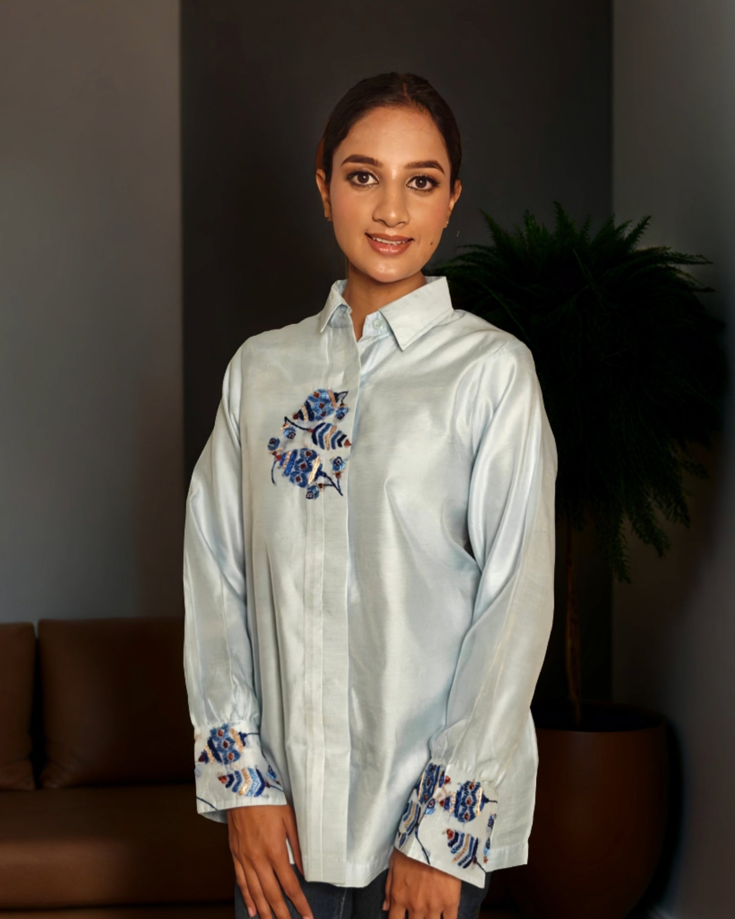 Pure Cotton Silk Hand Work Phulkari Shirt - Blue Muse