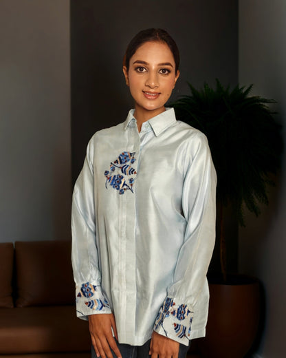 Pure Cotton Silk Hand Work Phulkari Shirt - Blue Muse