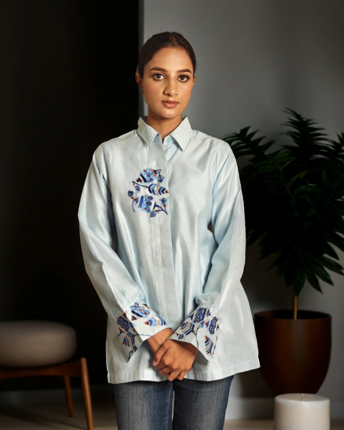 Pure Cotton Silk Hand Work Phulkari Shirt - Blue Muse