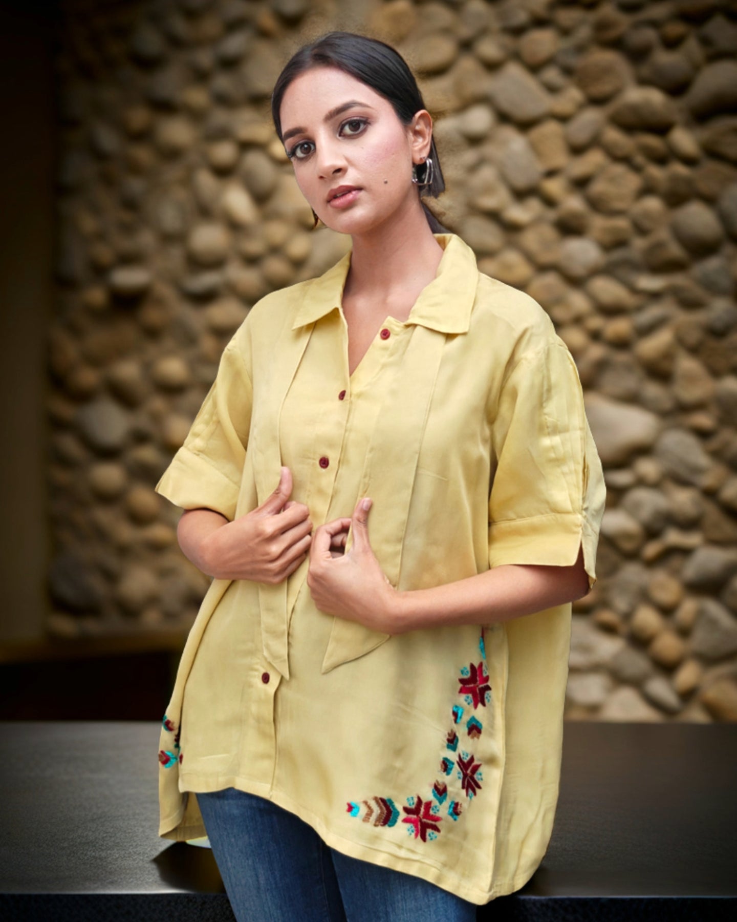 Pure Organza Hand Work Phulkari Shirt - Warm Honey