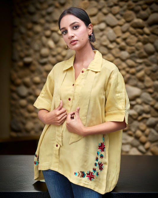 Pure Organza Hand Work Phulkari Shirt - Warm Honey