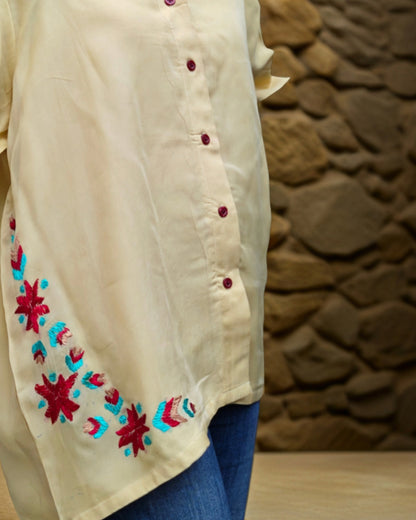 Pure Organza Hand Work Phulkari Shirt - Warm Honey