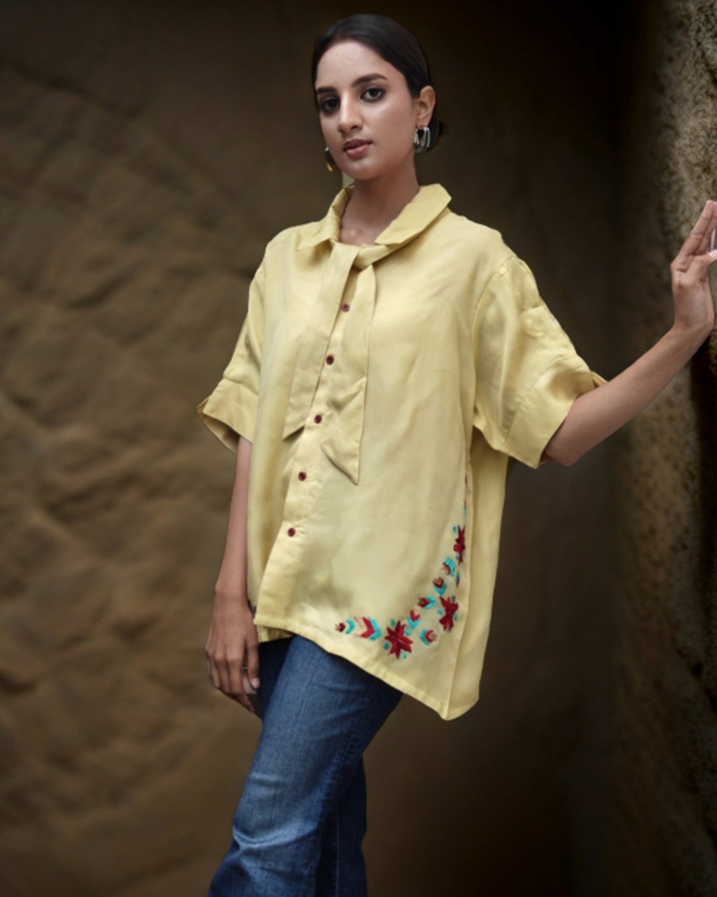 Pure Organza Hand Work Phulkari Shirt - Warm Honey