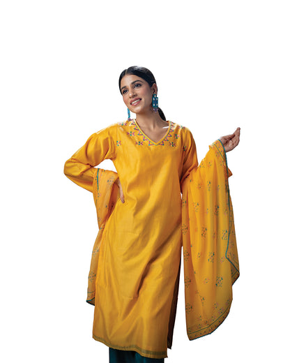 Pure Chanderi Hand Embroidered Phulkari Kurti - Daffodil Yellow + Artisanal + Punjab + Tradition + Women + MakeInIndia + Handicraft + Panjab + Rang + Colours + Girl Clothing + Fulkari + Threads + Colours + Colors + Embroidery + Handwork + Artisan + Stylish + Comfort wear + Royal + Elegant + Kurti + Pant + Dupatta + designer + best seller + luxury + niche + sophisticated + women + artisan + rare + exclusive