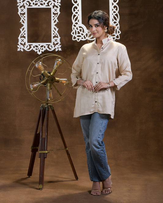 Pure Dola Silk Hand Embroidered Phulkari Shirt - beige cream gold Colours + Artisanal + Punjab + Tradition + Women + MakeInIndia + Handicraft + Blue red Motif + trend + festival wear + comfort wear + smart wear + trendy wear + indian ethnic + cultural wear + rakhi + diwali + ganesh cahturthi + friends wear + date wear + casual wear + indian wear + western wear + trendy attire + fashion + stylish + dinner + luxury + premium + royal + floral + signature