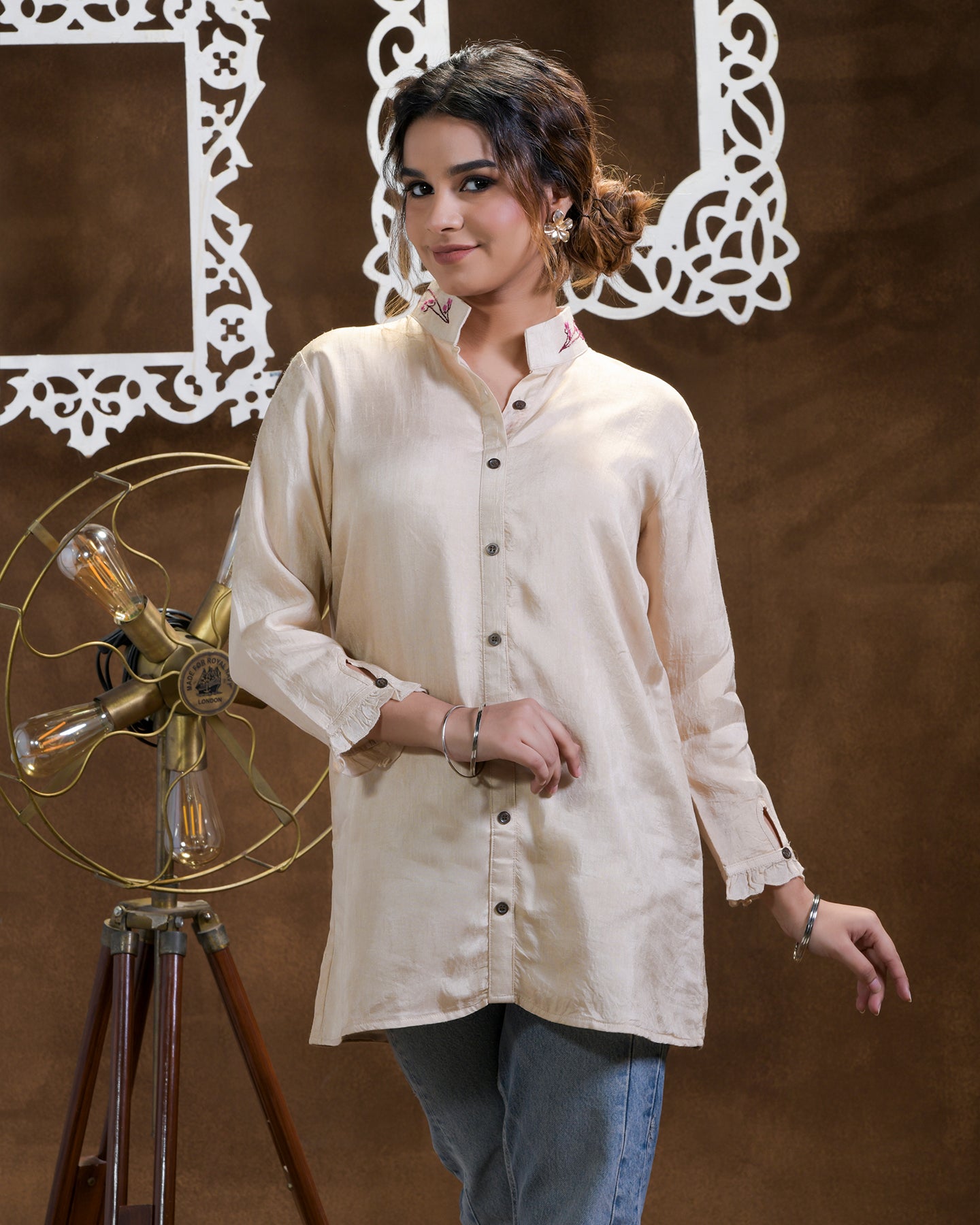 Pure Dola Silk Hand Embroidered Phulkari Shirt - beige cream gold Colours + Artisanal + Punjab + Tradition + Women + MakeInIndia + Handicraft + Blue red Motif + trend + festival wear + comfort wear + smart wear + trendy wear + indian ethnic + cultural wear + rakhi + diwali + ganesh cahturthi + friends wear + date wear + casual wear + indian wear + western wear + trendy attire + fashion + stylish + dinner + luxury + premium + royal + floral + signature
