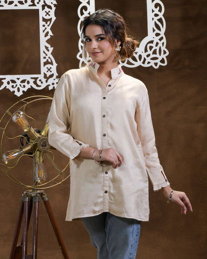 Pure Dola Silk Hand Embroidered Phulkari Shirt - beige cream gold Colours + Artisanal + Punjab + Tradition + Women + MakeInIndia + Handicraft + Blue red Motif + trend + festival wear + comfort wear + smart wear + trendy wear + indian ethnic + cultural wear + rakhi + diwali + ganesh cahturthi + friends wear + date wear + casual wear + indian wear + western wear + trendy attire + fashion + stylish + dinner + luxury + premium + royal + floral + signature