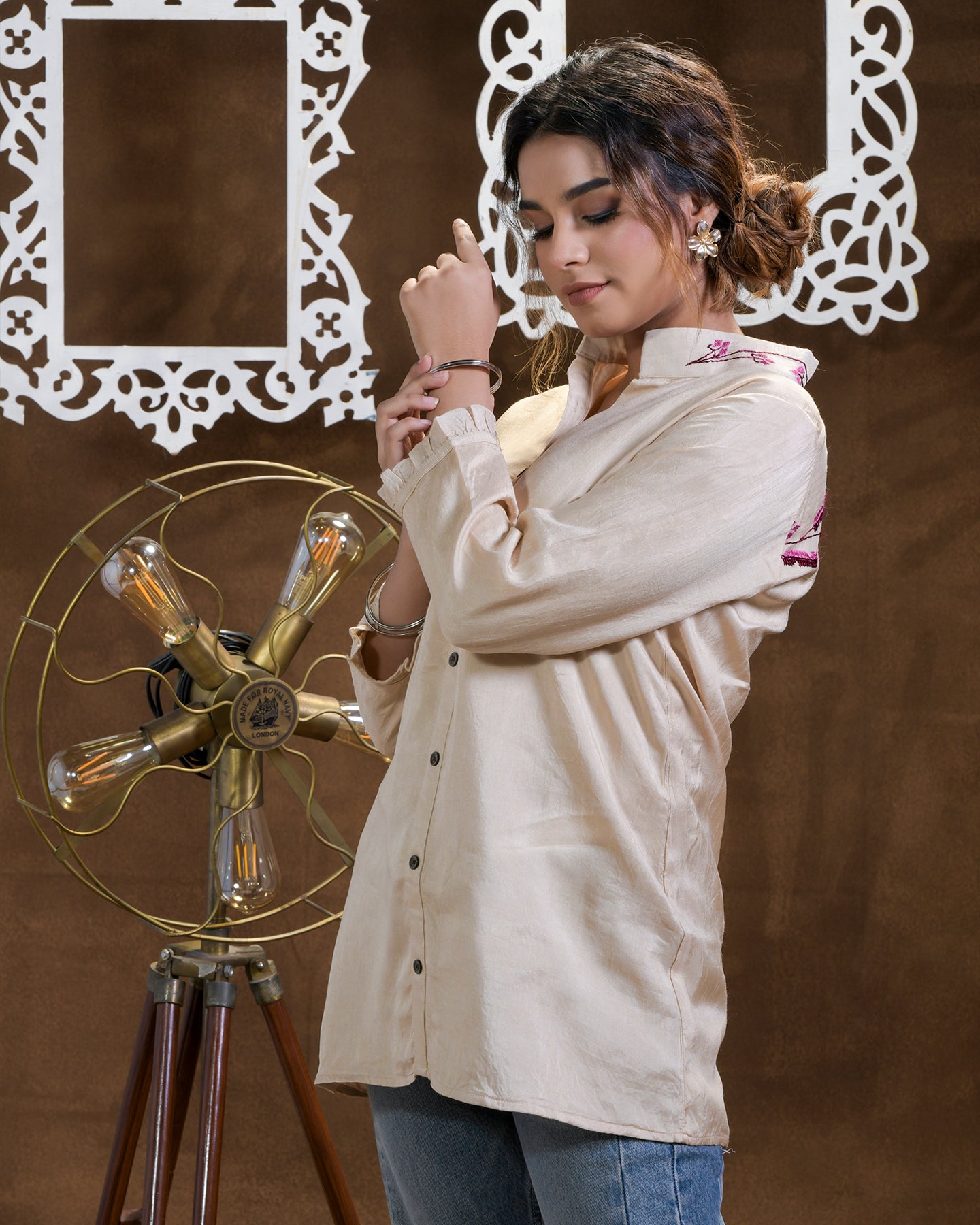 Pure Dola Silk Hand Embroidered Phulkari Shirt - beige cream gold Colours + Artisanal + Punjab + Tradition + Women + MakeInIndia + Handicraft + Blue red Motif + trend + festival wear + comfort wear + smart wear + trendy wear + indian ethnic + cultural wear + rakhi + diwali + ganesh cahturthi + friends wear + date wear + casual wear + indian wear + western wear + trendy attire + fashion + stylish + dinner + luxury + premium + royal + floral + signature