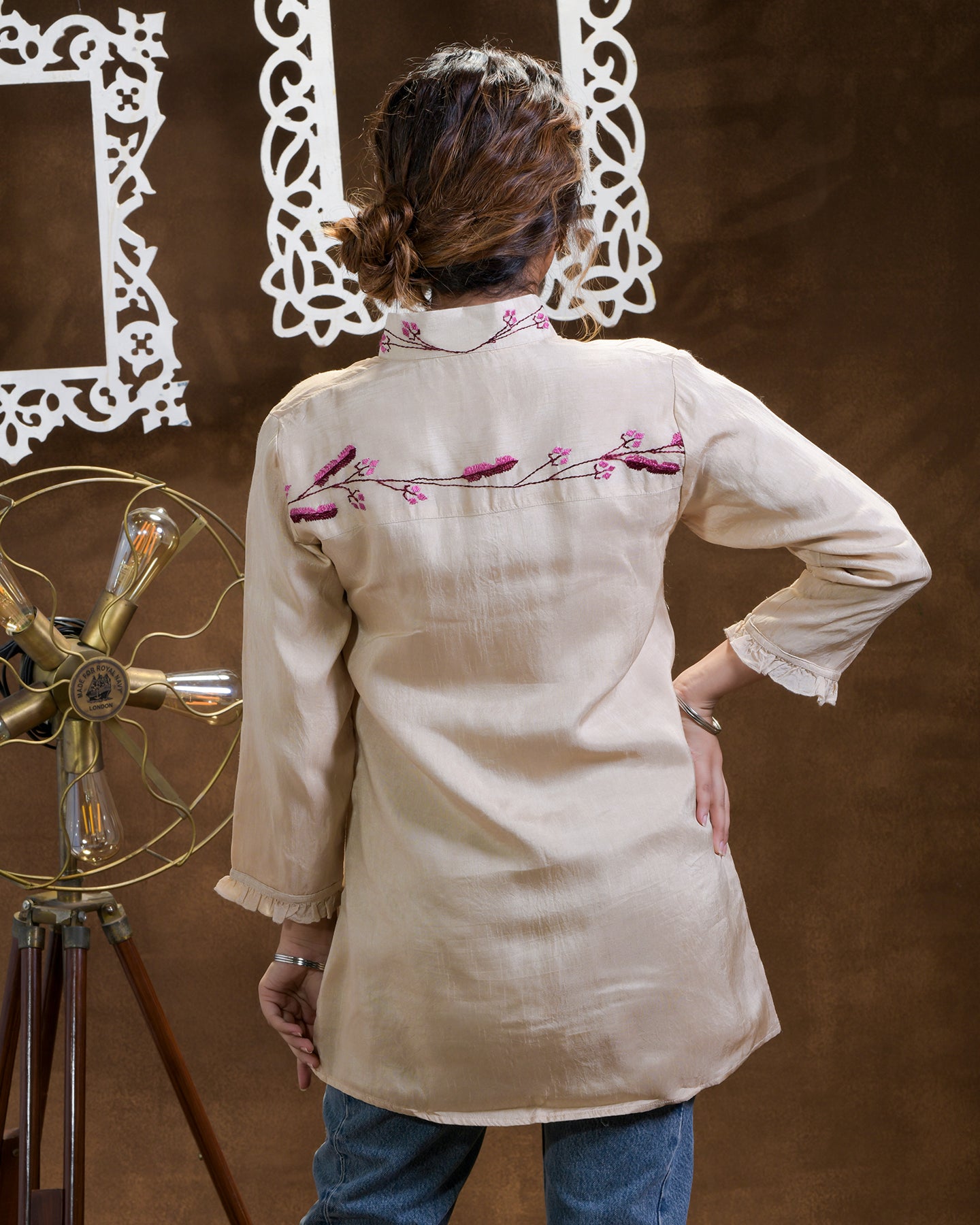 Pure Dola Silk Hand Embroidered Phulkari Shirt - beige cream gold Colours + Artisanal + Punjab + Tradition + Women + MakeInIndia + Handicraft + Blue red Motif + trend + festival wear + comfort wear + smart wear + trendy wear + indian ethnic + cultural wear + rakhi + diwali + ganesh cahturthi + friends wear + date wear + casual wear + indian wear + western wear + trendy attire + fashion + stylish + dinner + luxury + premium + royal + floral + signature