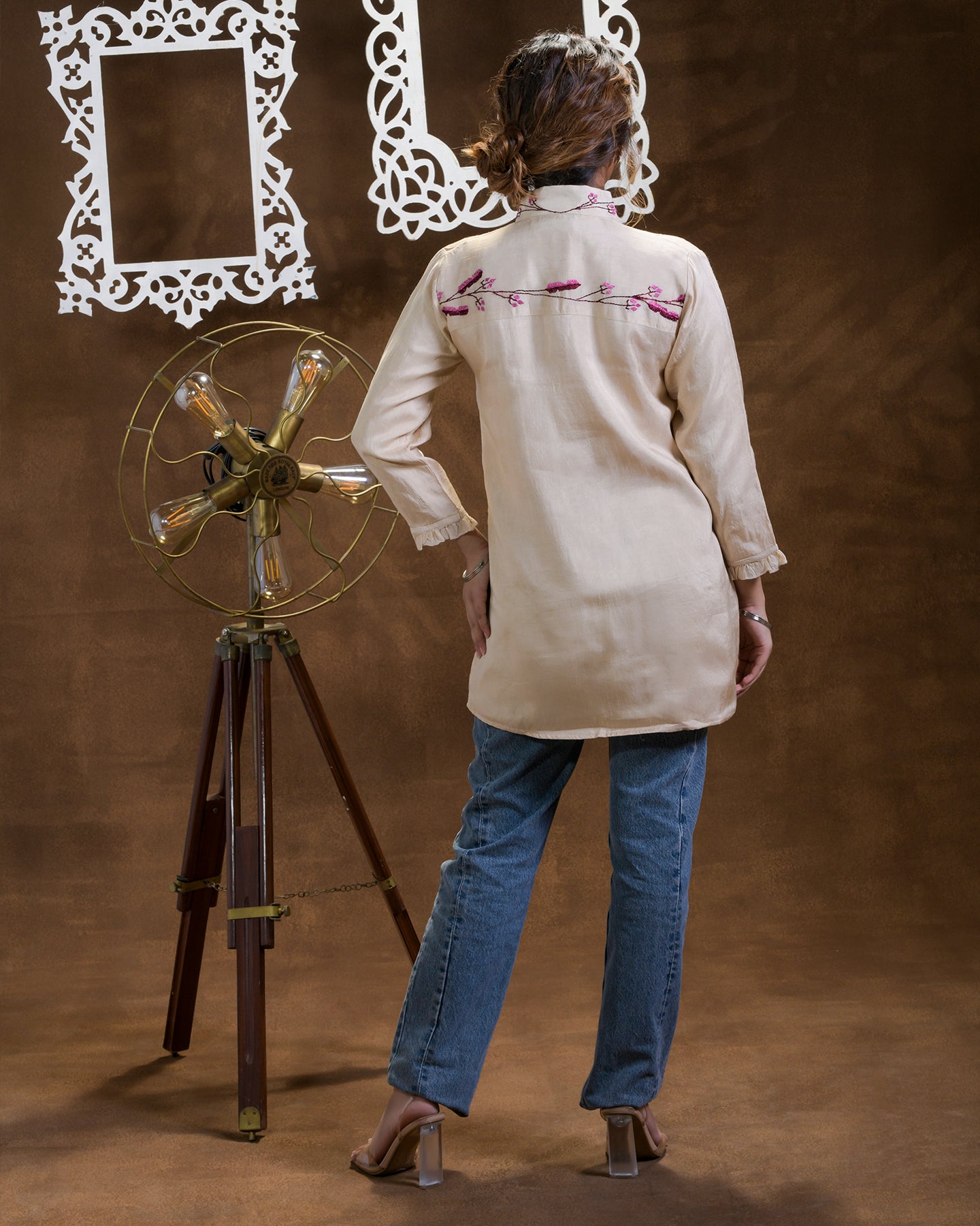 Pure Dola Silk Hand Embroidered Phulkari Shirt - beige cream gold Colours + Artisanal + Punjab + Tradition + Women + MakeInIndia + Handicraft + Blue red Motif + trend + festival wear + comfort wear + smart wear + trendy wear + indian ethnic + cultural wear + rakhi + diwali + ganesh cahturthi + friends wear + date wear + casual wear + indian wear + western wear + trendy attire + fashion + stylish + dinner + luxury + premium + royal + floral + signature