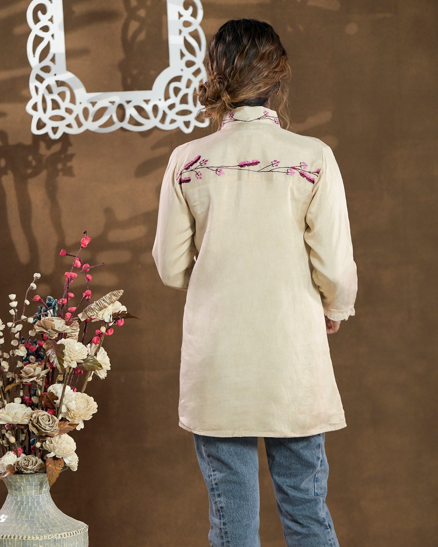 Pure Dola Silk Hand Embroidered Phulkari Shirt - beige cream gold Colours + Artisanal + Punjab + Tradition + Women + MakeInIndia + Handicraft + Blue red Motif + trend + festival wear + comfort wear + smart wear + trendy wear + indian ethnic + cultural wear + rakhi + diwali + ganesh cahturthi + friends wear + date wear + casual wear + indian wear + western wear + trendy attire + fashion + stylish + dinner + luxury + premium + royal + floral + signature