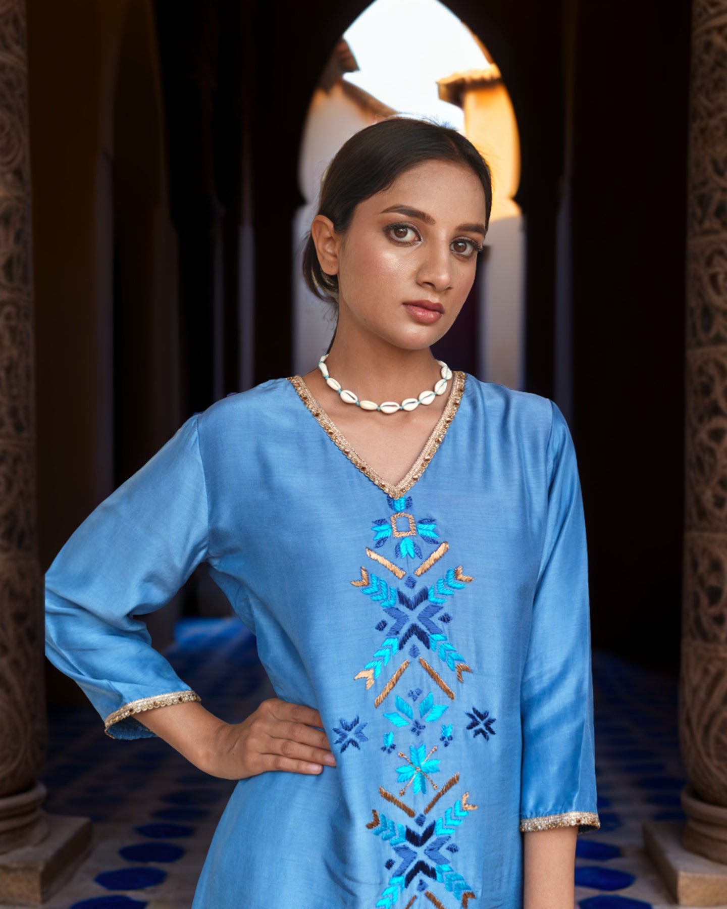 Pure Muslin Hand Work Phulkari Kurta - Baby Blue