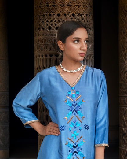 Pure Muslin Hand Work Phulkari Coord Set - Baby Blue