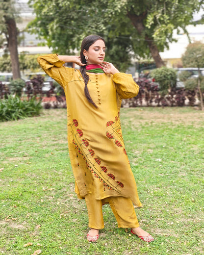 Pure Crushed tissue Hand Embroidered Phulkari Suit with dupatta - Mustard Yellow Bloom