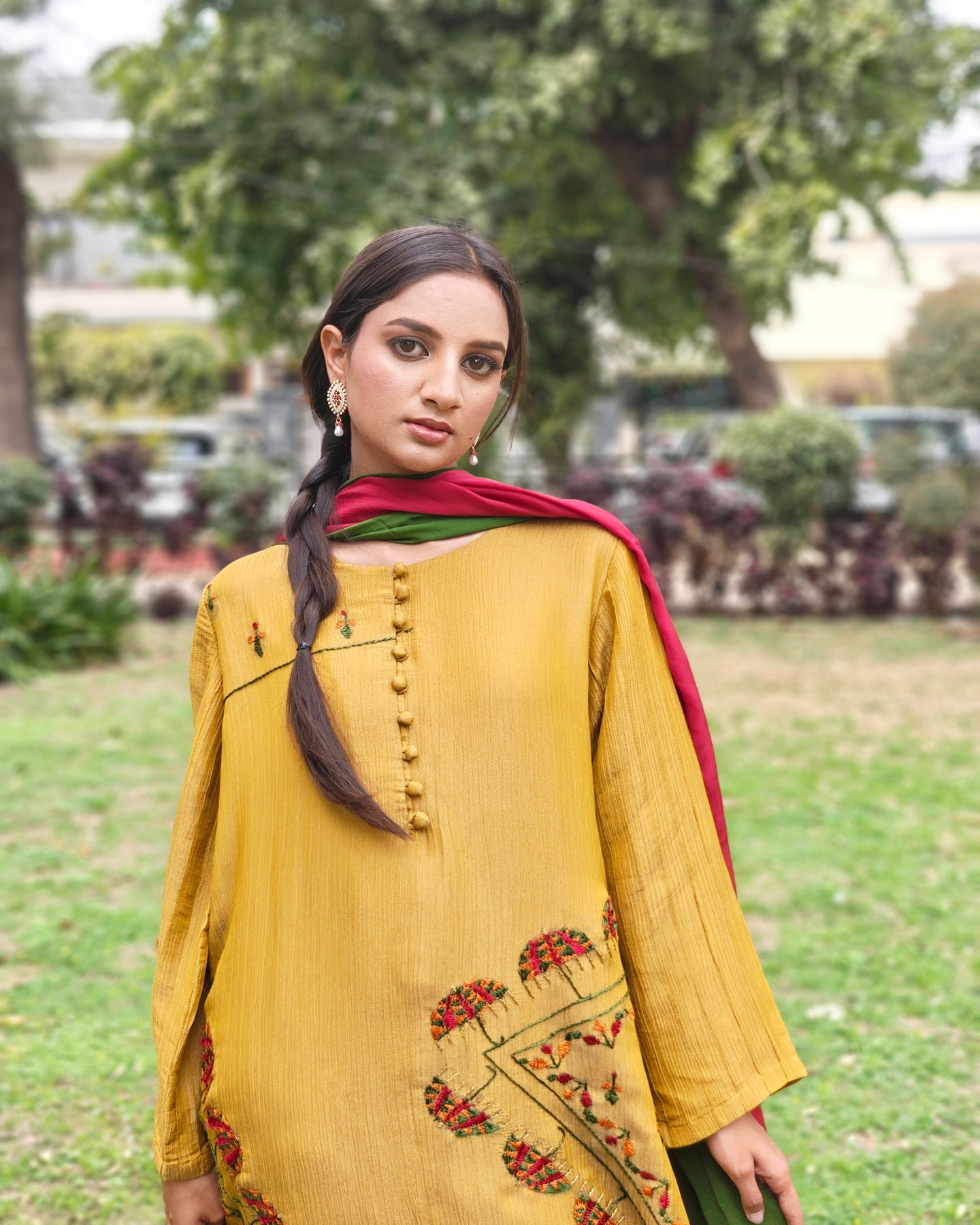 Pure Crushed tissue Hand Embroidered Phulkari Suit with dupatta - Mustard Yellow Bloom