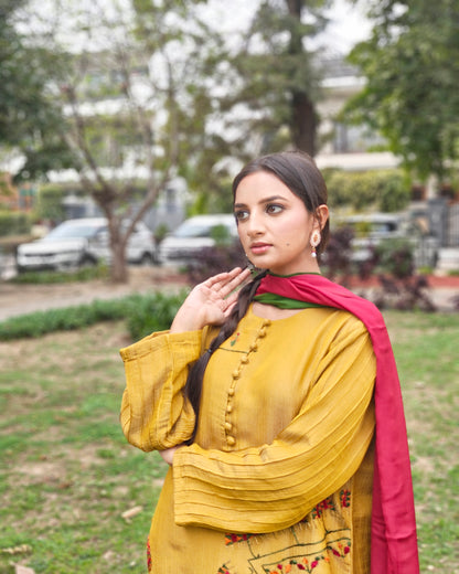 Pure Crushed tissue Hand Embroidered Phulkari Suit with dupatta - Mustard Yellow Bloom
